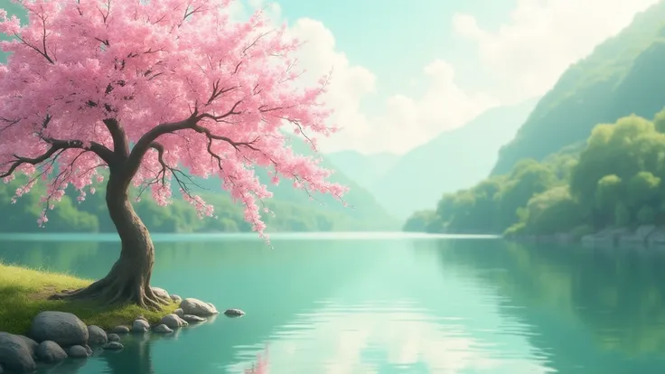 High resolution,realistic, cherry blossom tree with green lake shining