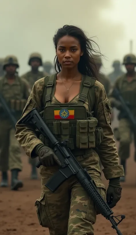 Ethiopian soldier girl walking on the Battlefield beautiful brunette, big breasts wearing camouflage military gear open chest showing her breasts with Ethiopian flag logo, camouflage plate carrier gear, combat gloves, AR-15, beautiful and moody lighting, b...