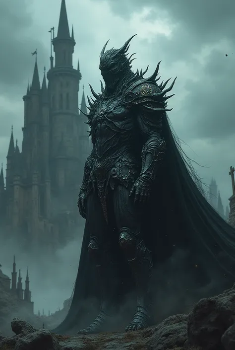 Now I want you to keep the dark fantasy thing but I want a warrior with cursed armor and a castle in the background  