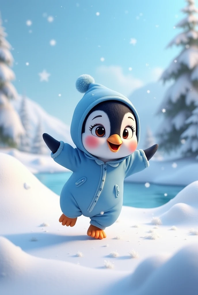 Create image of a cute penguin in blue baby clothes playing in the snow. Disneys-style 3d design