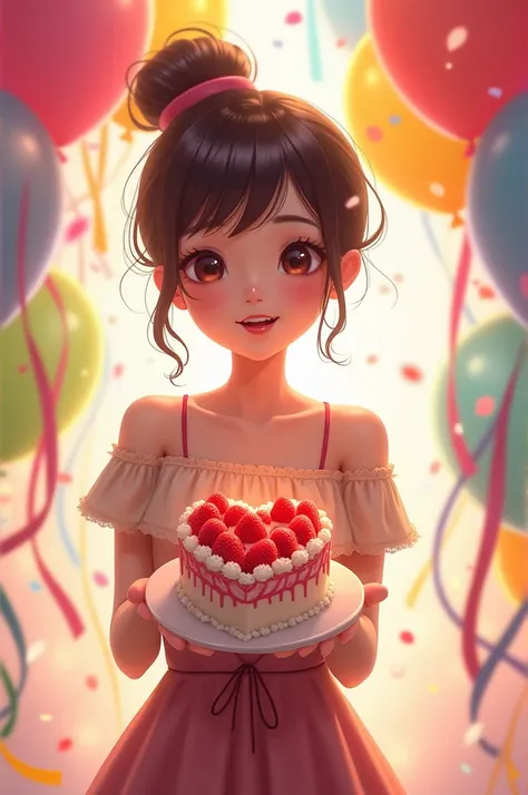  A girl with a ponytail wearing a short dress and shoulder strap clothes holding a heart-shaped strawberry cake in her hand to celebrate her birthday，There are lots of balloons and ribbons on the back 