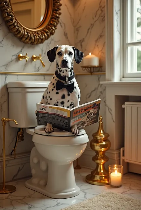  A Dalmatian sits majestically on a luxurious toilet in a noble bathroom with marbled walls and golden fittings. He is wearing a stylish bow tie and is relaxing reading the magazine 'Unsere Greyhound ,  while warm light underlines the elegant atmosphere . ...