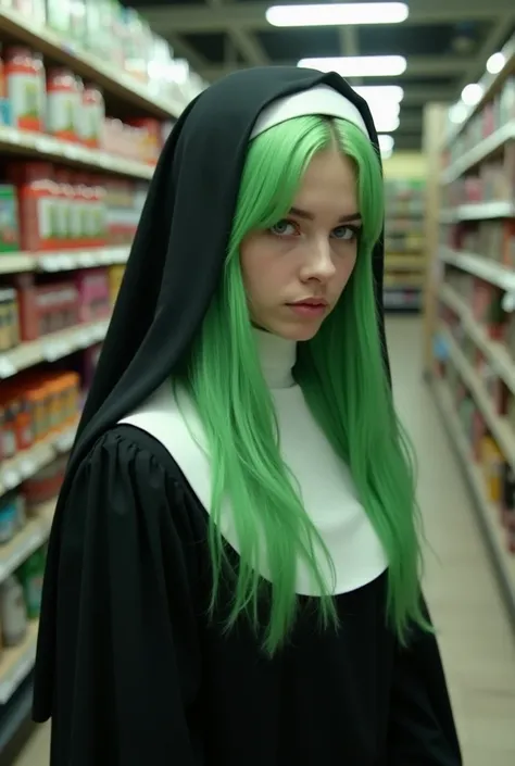 arafed woman with green hair in a grocery store, billie eilish, overlord billie eilish, portrait of billie eilish, billie eilish as loki, billie eilish as a sad nun, anya taylor-joy, anya taylor - joy, billie eilish portrait, anya_taylor-joy, billie eilish...