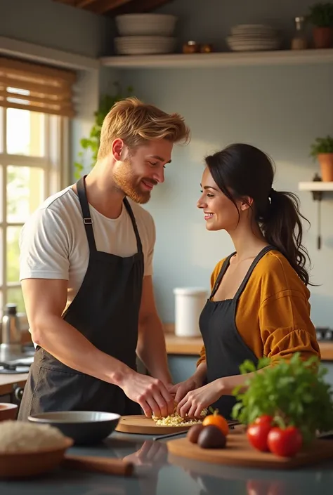 Let a blonde man cook in the kitchen with a brunette woman for real