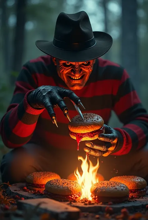 Create image of Fred Krueger eating hamburgers on the fire