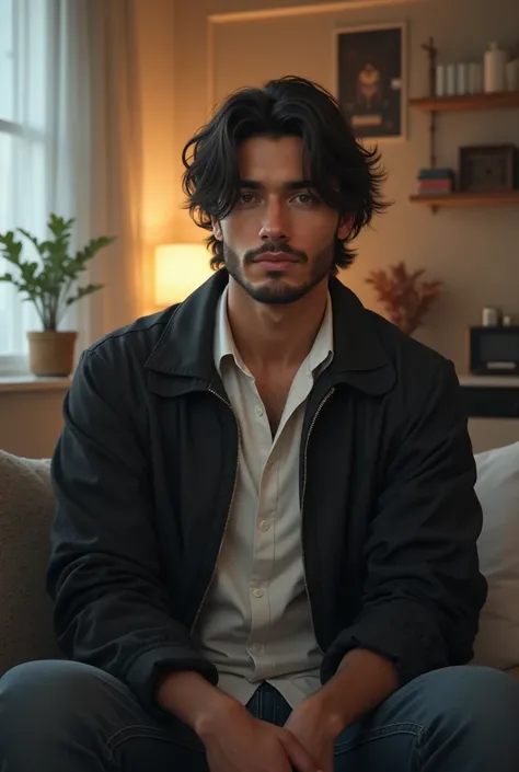 A 25-year-old dark-haired medium-length 90s style boy is dressed in a white shirt and a black jacket..  He has a light beard , only visible. sitting.  apartments 