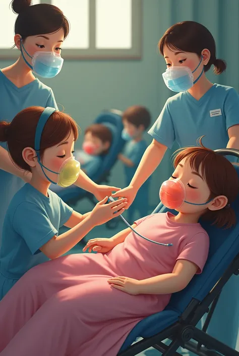 many ren buckled in strollers as their nurses place a multicolored anesthesia mask, sleepy, being gassed with anesthesia the tubing is connected to a breathing bag, sleepy