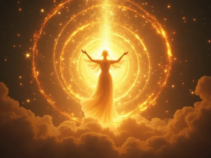  A radiant figure of energy surrounded by a golden vortex ,  attracting light and blessings from the universe .  Small stars and flashes of energy approach the figure,  symbolizing the manifestation of miracles .  The image transmits power , attraction and...