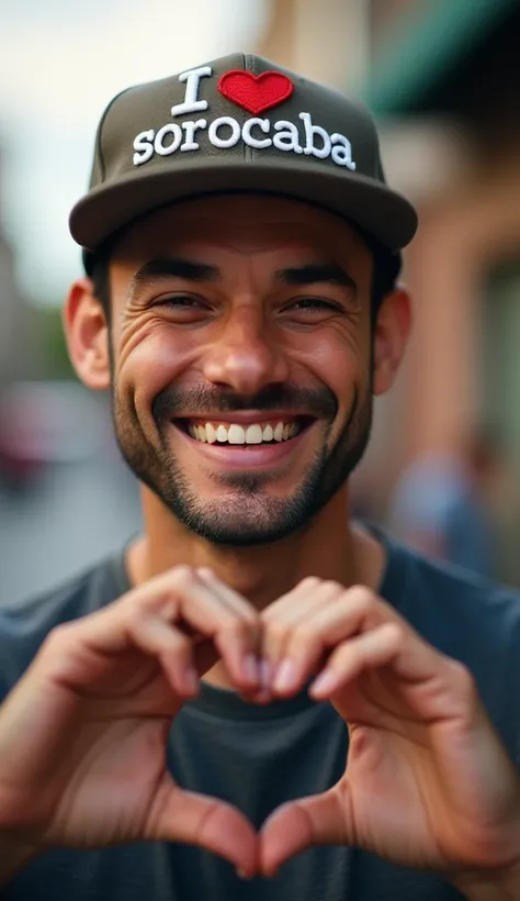 {
  "prompt": "A highly realistic portrait of a man wearing a cap with the words 'I Love Sorocaba' embroidered on the front. He is smiling warmly and forming a heart shape with his hands in front of his chest. His expression conveys positivity and enthusia...