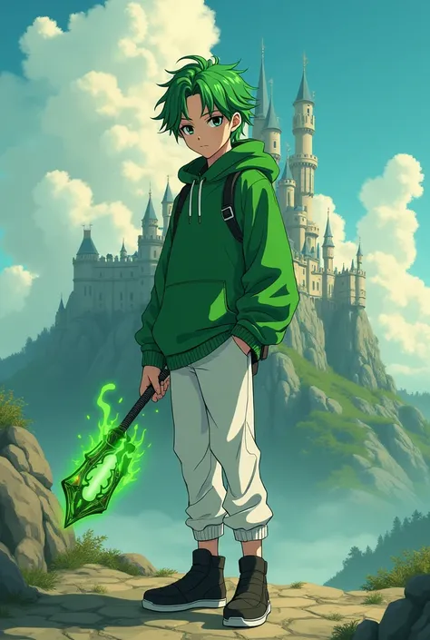  Create an image in the style of the anime Kimetsu no Yaiba ,An 18-year-old with green hair and some black details in his hair , with black eyes , wearing a green sweatshirt and holding a scorching green nichirin like that of Muichiro Tokito with white pan...