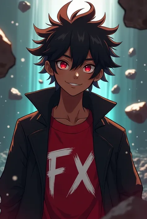 An African boy,corte phunk,scarlet red eyes, pele negra, black coat with ,  smile, anime style, Ultra HD,Bright light 18,red t-shirt with writing "FX",floating,in a setting with stones suspended in the air,type wallpaper , Gang scenario , black hair, super...