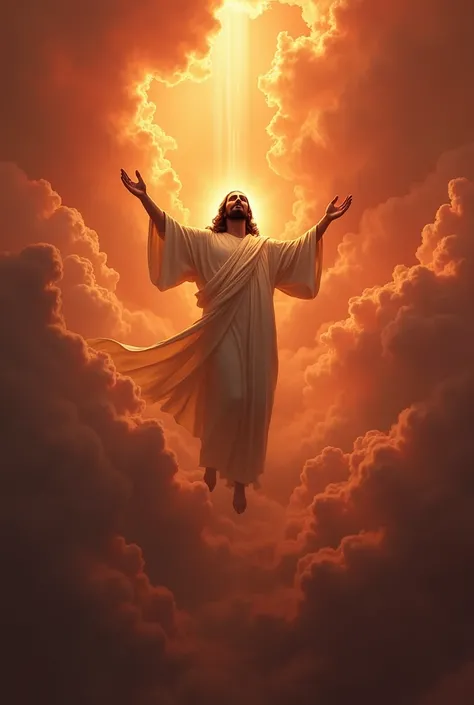 Jesus climbing into the sky and many clouds around and the reddish sky