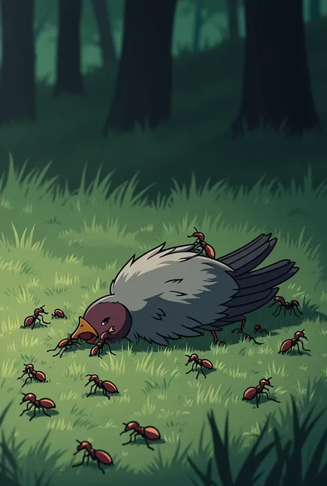 A somber anime scene of a dead bird lying on the ground surrounded by ants. The ants are crawling over the bird, symbolizing the natural cycle of life and death in a calm forest setting. A light breeze moves the grass gently."A somber anime scene of a dead...