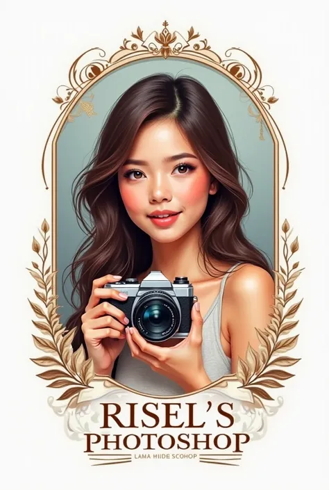 Create a logo for "Risel's Photoshop" with a beautiful filipina young photographer.