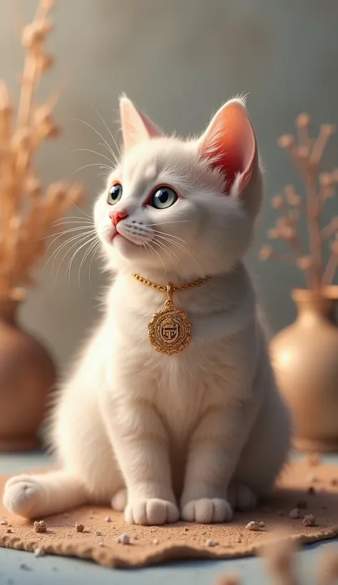 Chat ultra réaliste, 4K, photo réaliste, représentation du signe de la balance dans le fond chat en premier plan avec un pendentif avec le signe astrologique de la balance dessus chat très mignon, couleur adaptée du signe de la balance ultra réaliste