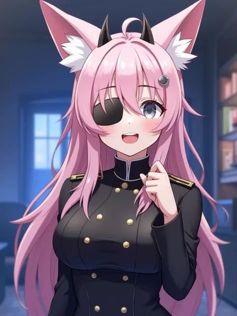  blue archive,  animation inside the party hall, Fox statue,  smiley face ,  Smiling Eyes ,  gray eyes,  right eye patch , Pink long hair, Covered Bangs ,  Small Black Devil Horns ,   Chest Black Soldier Uniform,  open your mouth slightly,  light ball touc...