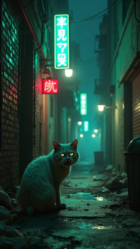 A dark alley in the city ,  illuminated by neon lights.  A cat with dirty, green-stained white fur,  grinning maliciously ,  observe from afar .]