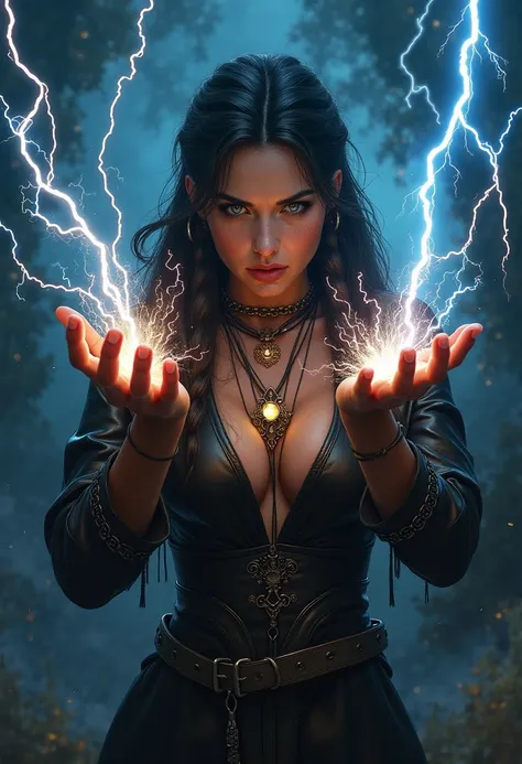 Ilustration in luis royo style. In the depths of a tempestuous night, a mysterious witch with striking features commands the raw power of lightning. Her long, braided hair and intricately designed leather attire suggest a deep connection to ancient magic. ...