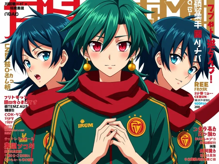 je veux des magazine cover de l'anime inazuma victory road avec la [date,] [heure]
qui met en vedette 3 garçon adults beaux Gosse cheveux bleu et vert mi-long form dragons yeux ecarlate stylé artificiel avec boucle d'oreille or et grande echarpe rouge auto...