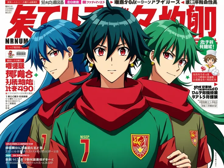 je veux des magazine cover de l'anime inazuma victory road avec la [date,] [heure]
qui met en vedette 3 garçon adults beaux Gosse cheveux bleu et vert mi-long form dragons yeux ecarlate stylé artificiel avec boucle d'oreille or et grande echarpe rouge auto...