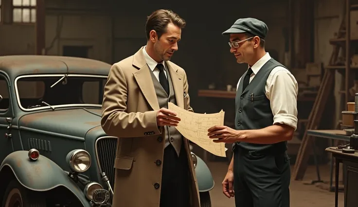 A vintage-style digital painting depicting two men in an old automobile workshop. One man is wearing a formal 1940s-style outfit, including a beige jacket, white shirt, black tie, and dark trousers, while holding a blueprint or technical document. The othe...