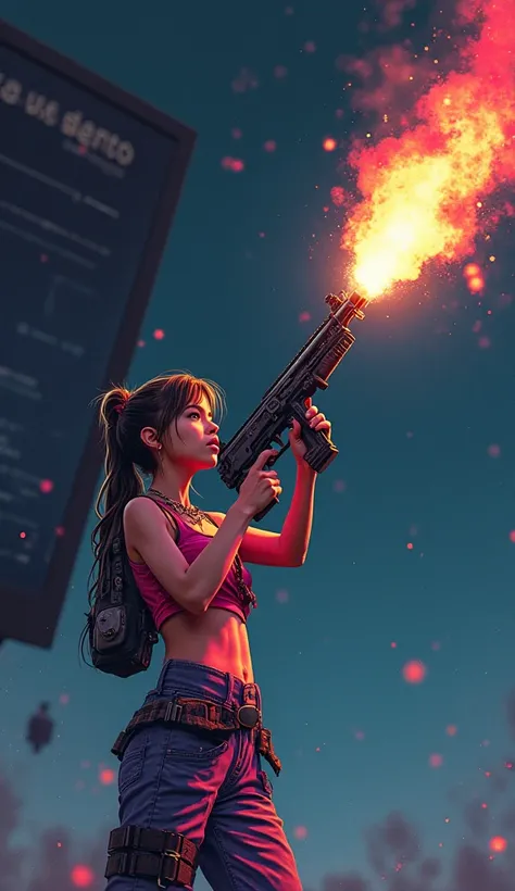 Girl under the screen photo carry gun shhoting a flame to the sky and the girl is colorful look at sky and the color of the sky is black and add some cool details