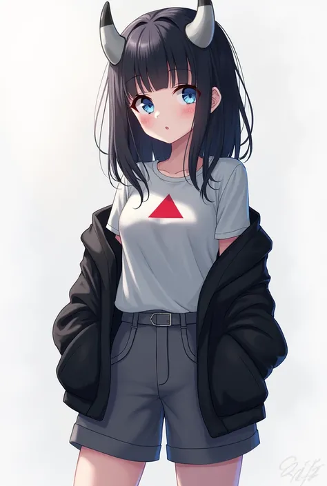 A girl (appearance:  medium long black hair,  blue eyes,  white skin , gray horns ,  ) ( Clothing:  Gray short shirt with a red triangle on the chest, gray and black long shorts,  black hunter's jacket) (vista de cuerpo completo)  digital art, Anime 4k,  P...