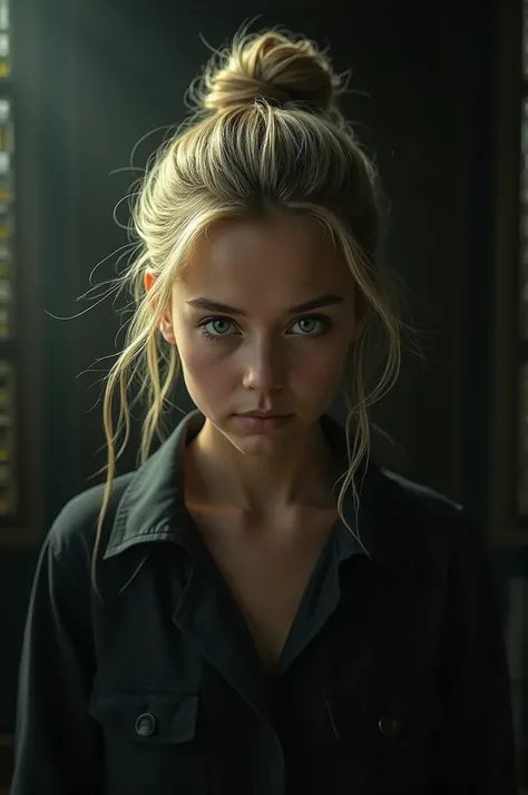 an eye contact of a blond with bun hair and dark theme