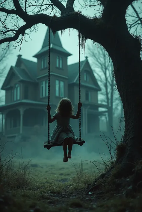 Outside of the abandoned mansion on the old tree swing there is a small possessed girl in with clothes is swinging 