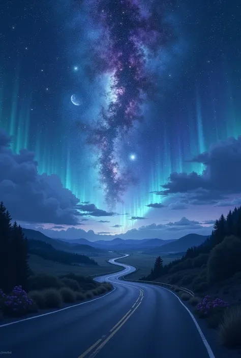 Deserted road at night anime version with a magnificent landscape in the sky 