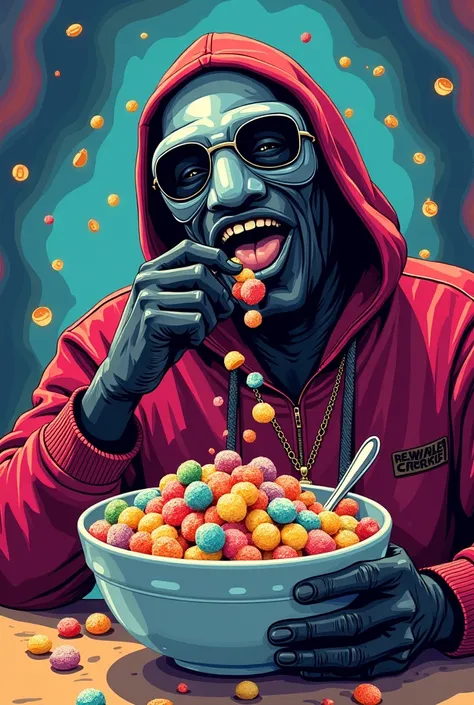 Нарисуй арт MF Doom, where he eats colorful cereal