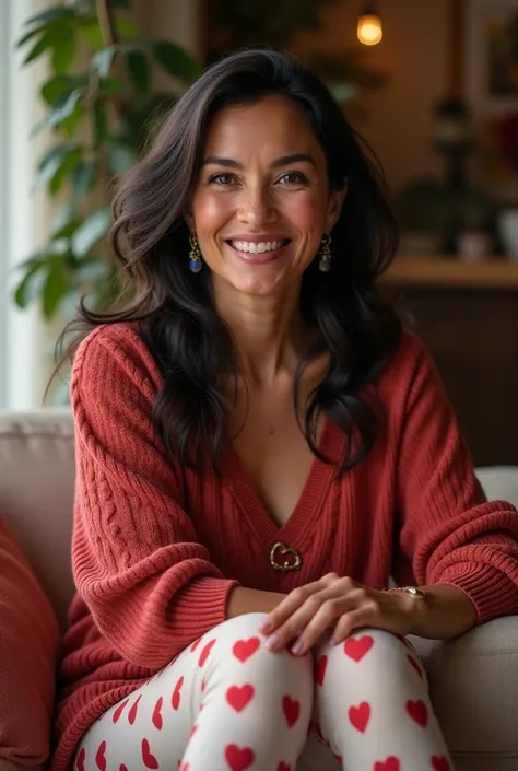 Beautiful middle aged woman smiling with long curly dark hair dangly earrings v neckline sweater with heart leggings sitting