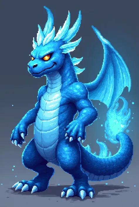 "Pixel art monster, Summoners War-inspired design, water elemental creature with glowing blue scales, 16-bit retro game aesthetic, detailed 2K resolution, dynamic pose, no copyrighted elements, clean background"