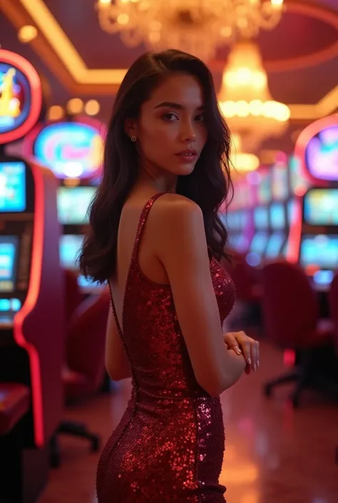 Photorealistic Casino Portrait (Vibrant, Cinematic Background)

A high-end, ultra-realistic portrait of a poised woman in her mid-twenties, standing slightly farther from the camera in a luxurious, neon-lit casino interior. She has warm, flawless skin, a s...