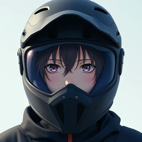 Make a photo of me in anime wearing a motocross helemet with a transparesnt visor and my skin color is white and the helmet color is black, the visor strap color is dark blue
