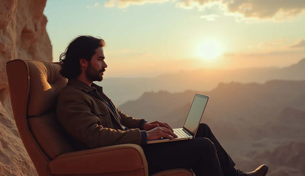  Une photo de profil avec un Un homme face a la camera type marocain, légèrement enrobé, cheveux mi-long ondulé noir pas de calivitie, yeux noir duvet épais de moustache grosse barbe noir, assis sur un fauteuil massant qui coute cher devant une vue à coupé...