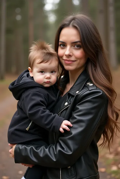 a young woman with long wavy hair,  holding a baby in their arms .  Both wear black leather jackets ,  which gives them a modern and coordinated style .  The baby has a serious expression and a voluminous hairstyle , what makes it look striking .  The back...