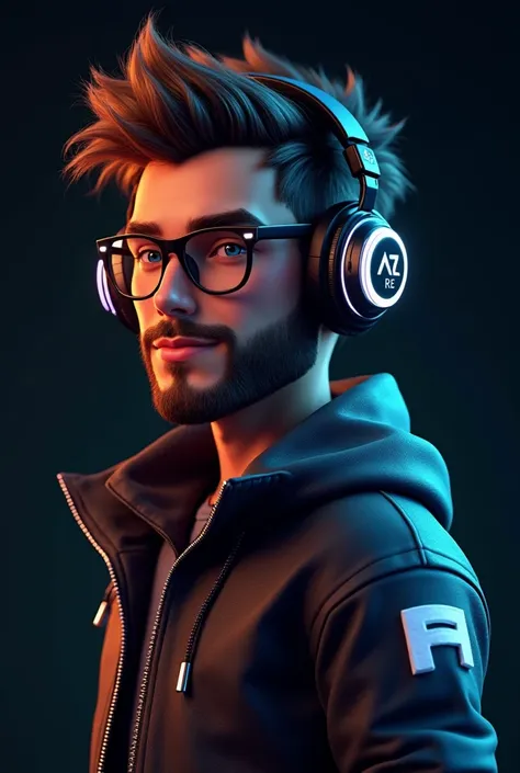 "A highly detailed 3D-rendered digital character of a gamer with a futuristic headset, stylish glasses, and a modern gaming jacket with glowing accents. The character has a sharp beard, a confident expression, and a cyberpunk aesthetic. The lighting should...