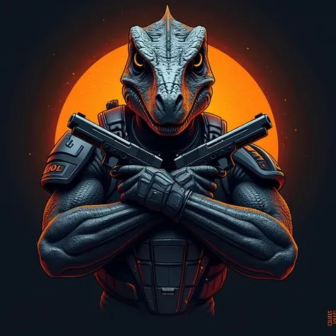 create combat team logo. Include the team name "Equipo Raptor". A badass armored Velociraptor dual wielding m1911a1 pistols, arms crossed at his chest in an X. Armor has glowing white lights. "MAB Special Forces". Glowing orange light, special forces shiel...