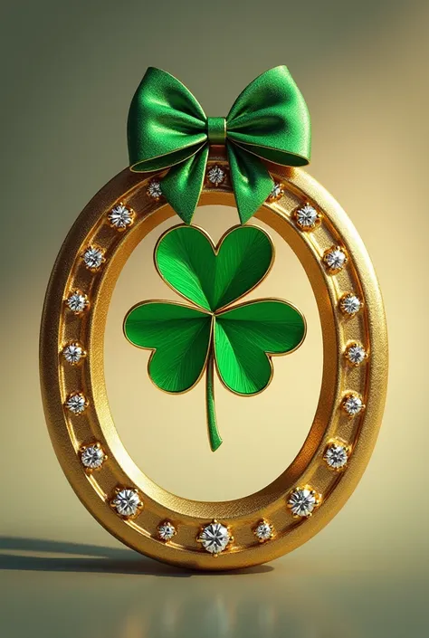 Gold-colored horseshoe with diamond details ,  Add a 4-leaf clover in green to the top centralized part ,  write family talisman type bow on the top of the horseshoe in green