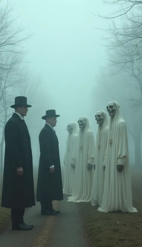 A foggy, eerie landscape with a group of strange humanoid figures. Three men dressed in dark, old-fashioned coats and hats stand to the left, while four tall, ghostly entities in flowing white robes with grotesque, oversized heads are positioned to the rig...