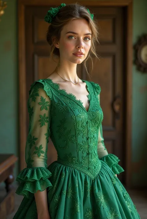 Green dress with a beautiful pattern and vintage sleeve on the front 