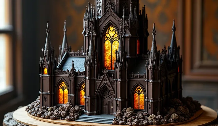 A colossal gothic cathedral cake, with detailed stained-glass sugar windows and towering spires. The dark chocolate exterior is highlighted with golden accents. Tiny edible gargoyles and intricate floral designs make it an architectural masterpiece.