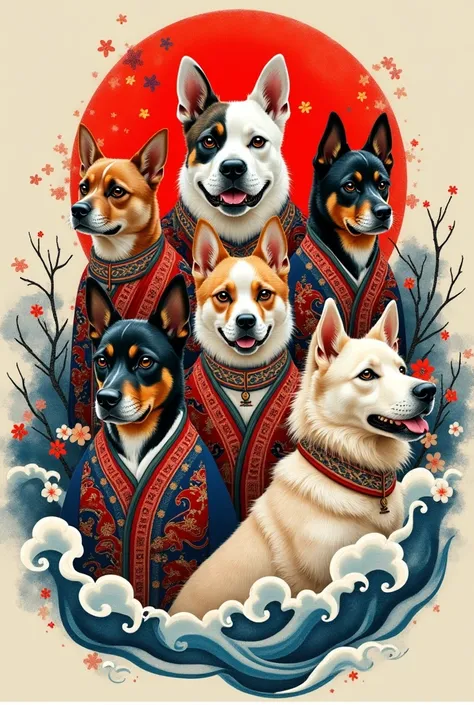  A tattoo design for full back of a scene of the 7 Japanese gods of fortune,  with costumes with traditional Japanese geometric embroidery .  Each of them must wear the face of a different dog : 3 boxers ,  a Samoyed , a poodle ,  a German shepherd and a P...