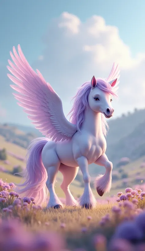 A white pony horse in 3d with a lilac mane and shiny twinkling tail, With bright lilac wings Pegasus standing dancing, in a ren's setting with pastel colors 