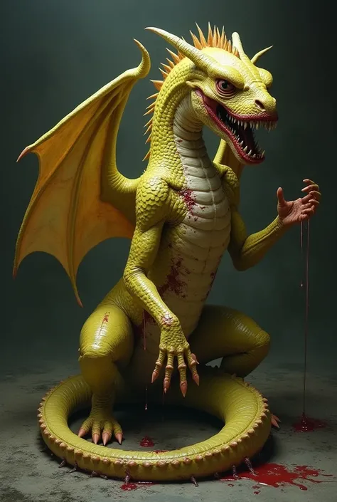 Draw of a realistic Yellow dragon with a zombified appearance and wounds on the body. The dragon has two wings and only two hind legs and has no eyes.