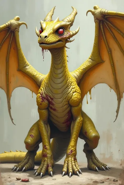 Draw in a oiled style of a realistic Yellow dragon with a zombified appearance and wounds on the body. The dragon has two wings and two hind legs and has no eyes.