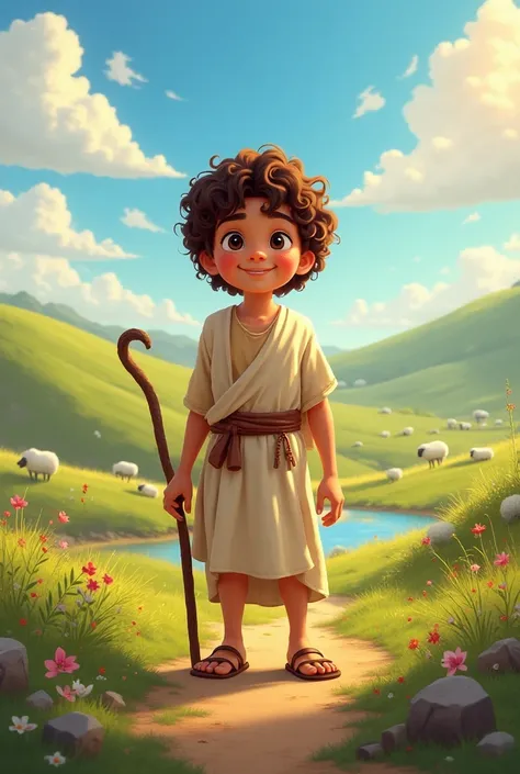 Create a pixar-style image of David from the Bible with scenery.