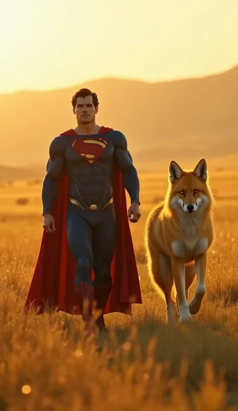 A hyper-realistic cinematic scene of Superman and a Giant Yellow Fox walking side by side toward the camera in a vast, golden field at dawn. Superman, in his iconic blue and red suit, walks confidently, his cape billowing behind him in the early morning br...