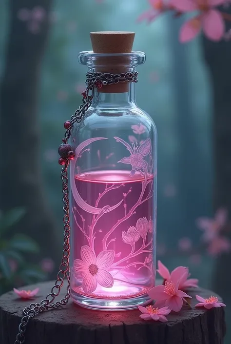  Please make a fantasy style potion icon featuring a tall  ,   glass bottle with cherry blossoms engraved on the surface .  The liquid inside is pink  ,  is wrapped in a silver chain adorned with small charms .  icon with the crescent moon engraved on the ...